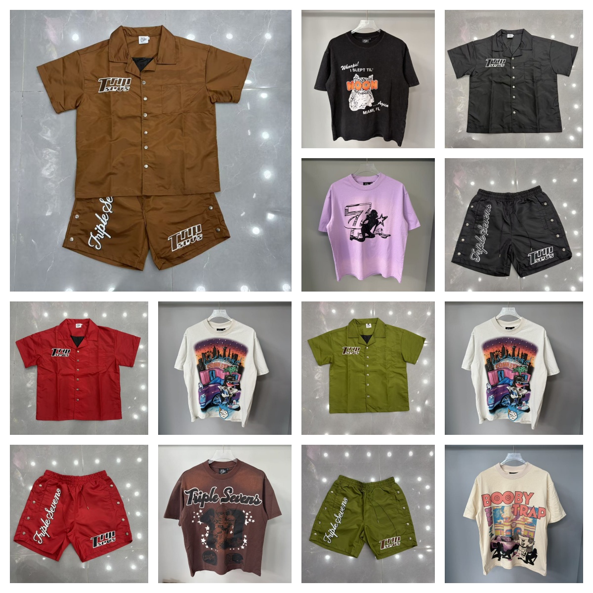 Men's Shirts TRIPLE SEVENS shirt Designer's new hot diamond short-sleeved full-print graffiti bank white ink direct spray Embroidery Diamo