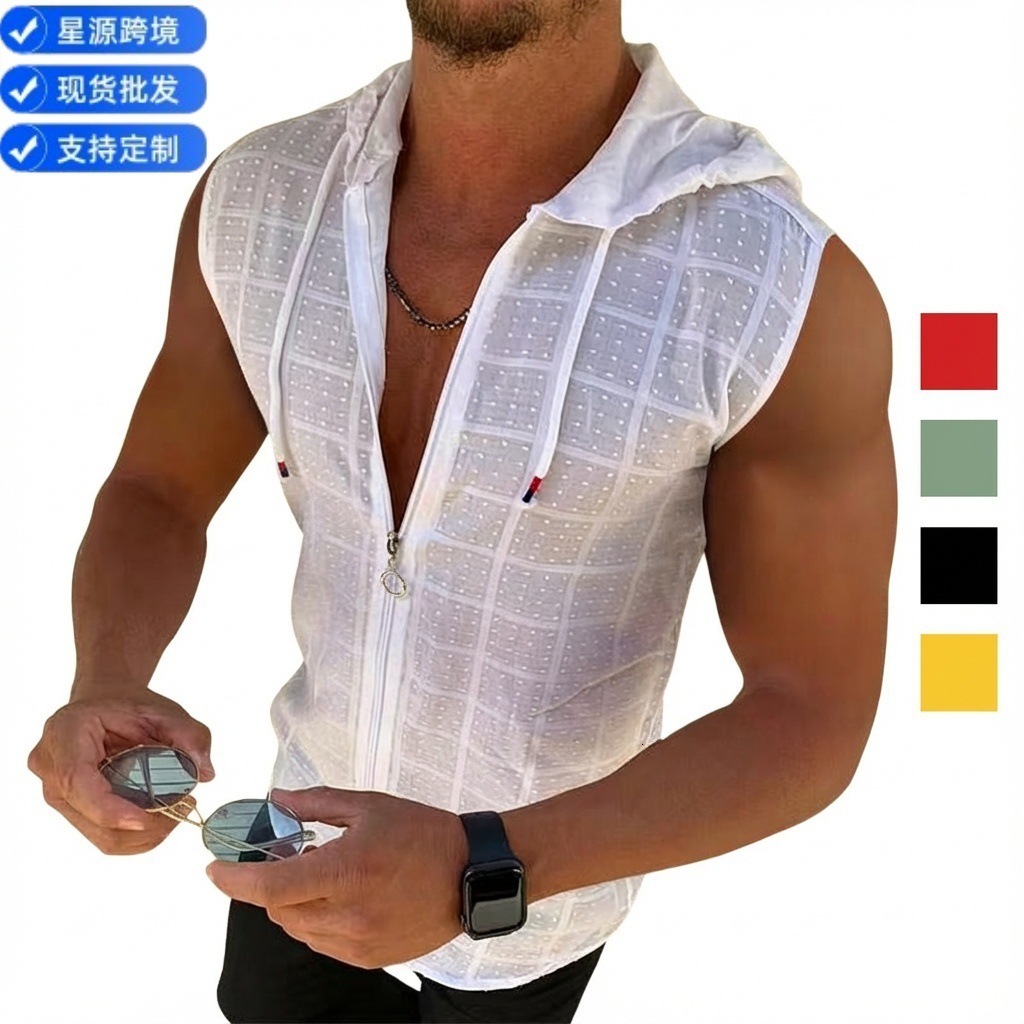 Shortsleeved hooded zipup cardigan Tshirt for men 2026 summer plaid sleeveless mens clothing collared top loose fit 260423banjia