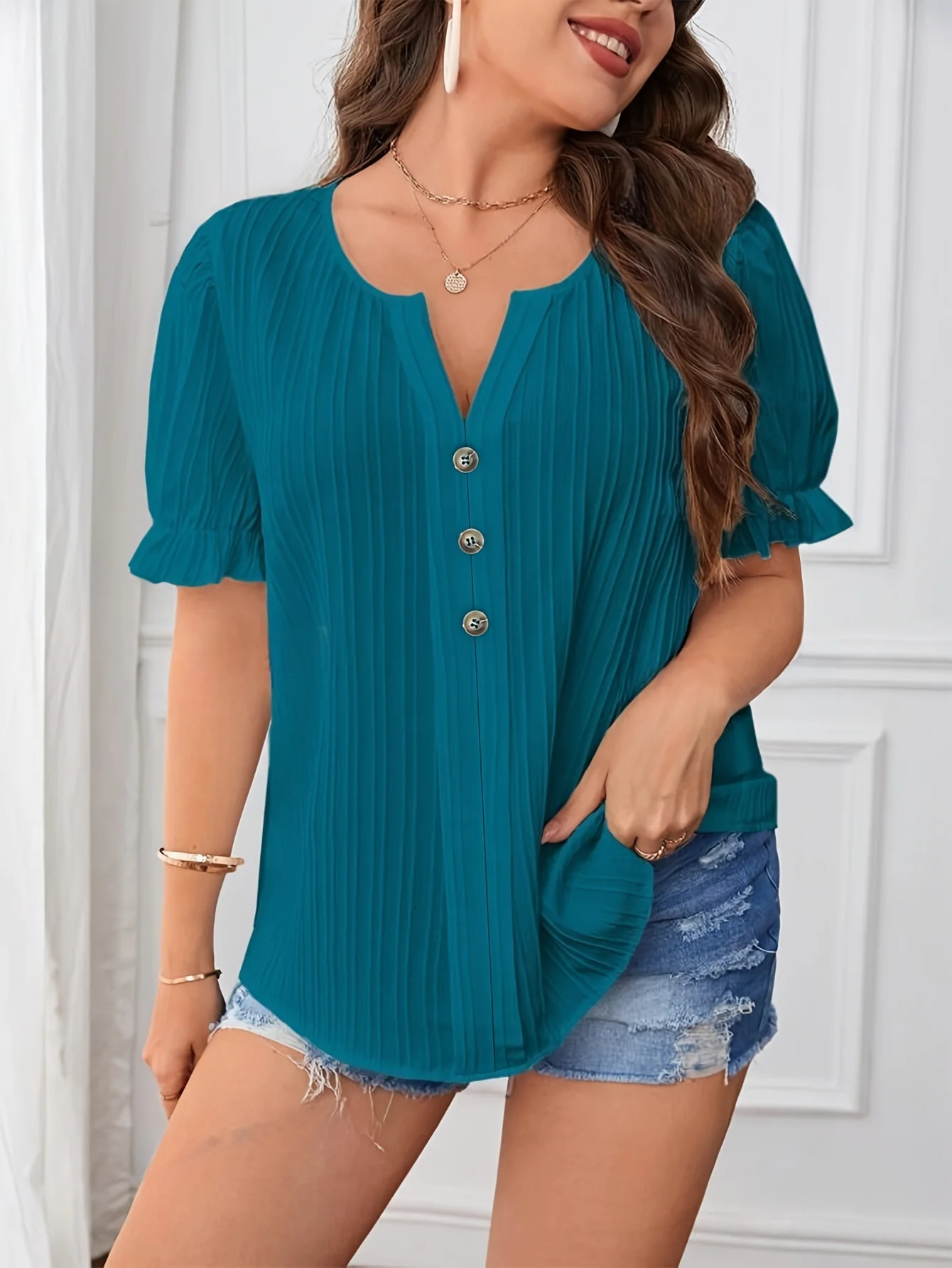Plus Size Summer Women Elegant Solid Shirt Casual Fashion Notched V Neck Tops Office Lady Button Curve Clothing 260423BANJIA