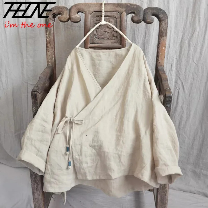 THHONE Fashion Woman Blouse 2024 Autumn Blusa Mujer Long Sleeve Korean Loose Womens Shirts Cotton Linen Solid Laceup Camisas 260423BANJIA