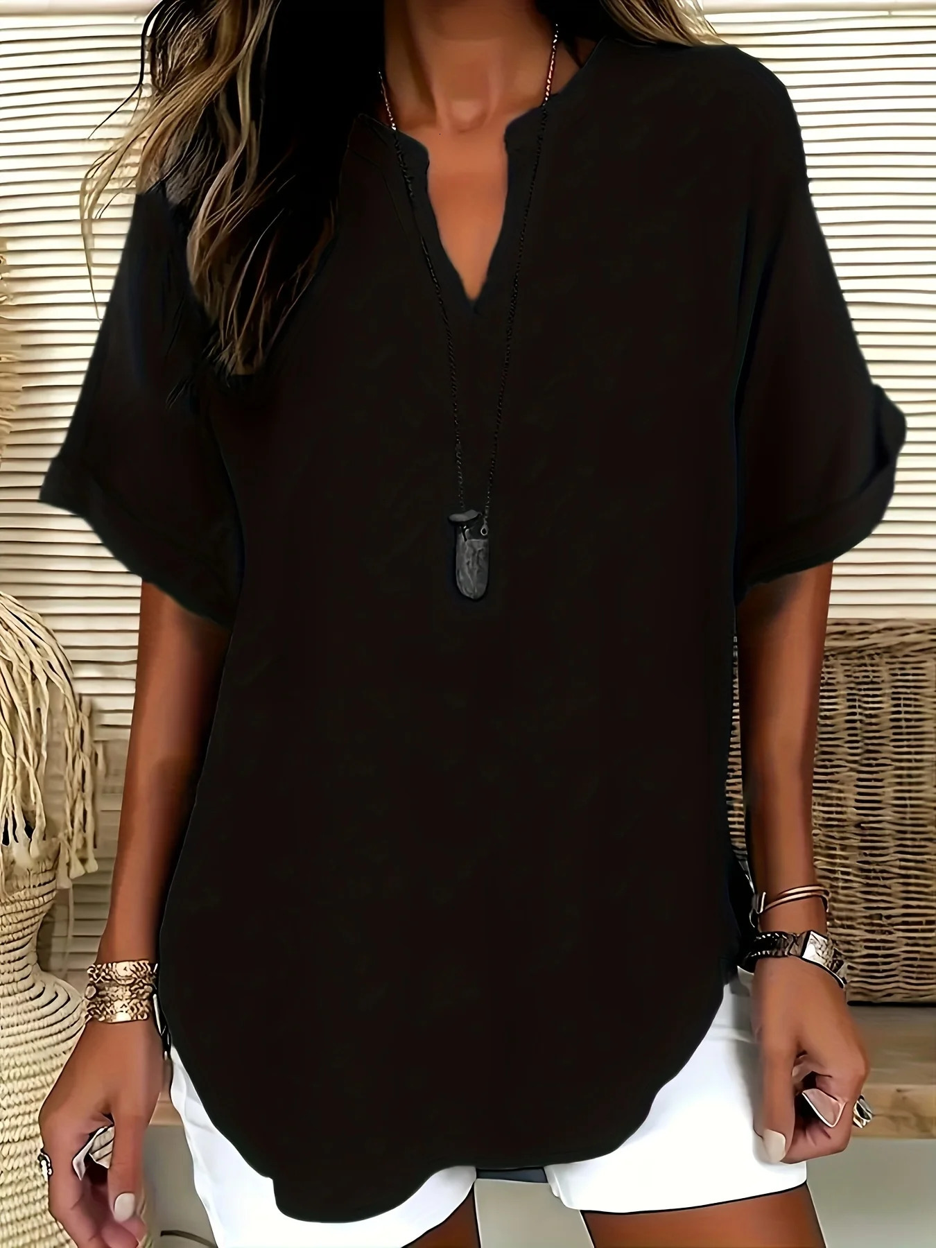 Elegant plus Size Ladies Solid Color Top Fashion VNeck Short Sleeve Shirt Stylish Casual Wear for Women 260423banjia