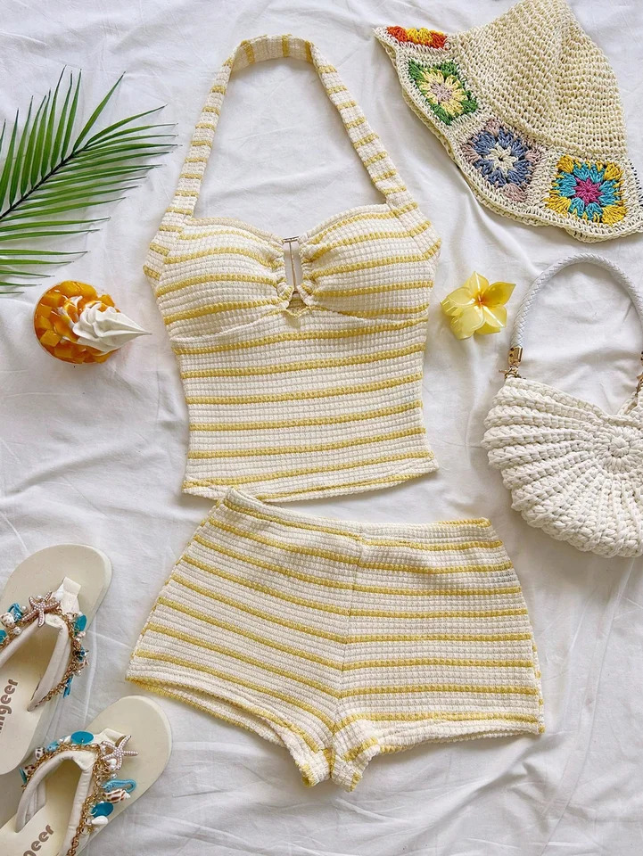Womens summer 2piece striped pleated backless top and shorts casual set suitable for daily use vacation 260423banjia