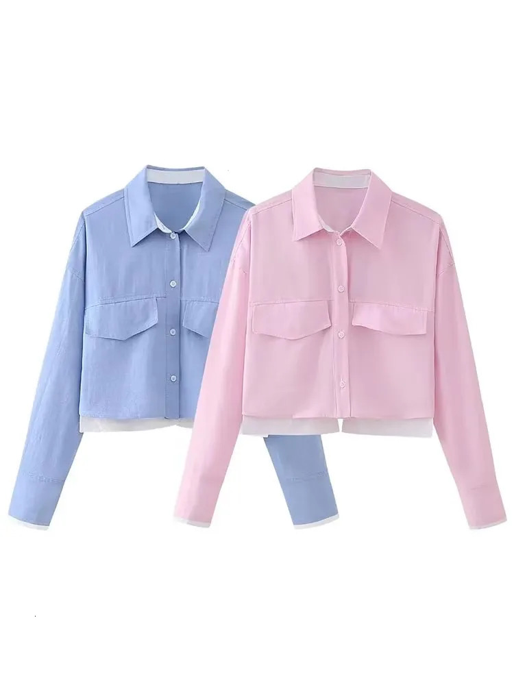 HH Women Elegant Solid Sweet Patchwork Blouse Single Breasted Long Sleeve Shirt 2024 Fashion Female Chic Cropped Top 260423banjia