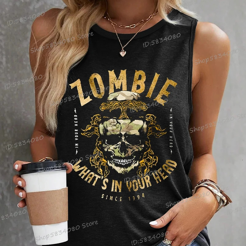 2025 Retro Music Song Lyrics Print Womens Tank Tops Outdoor Street Fashion Skull Skeleton Vest Rock Band Sleeveless Tshirt 260423banjia