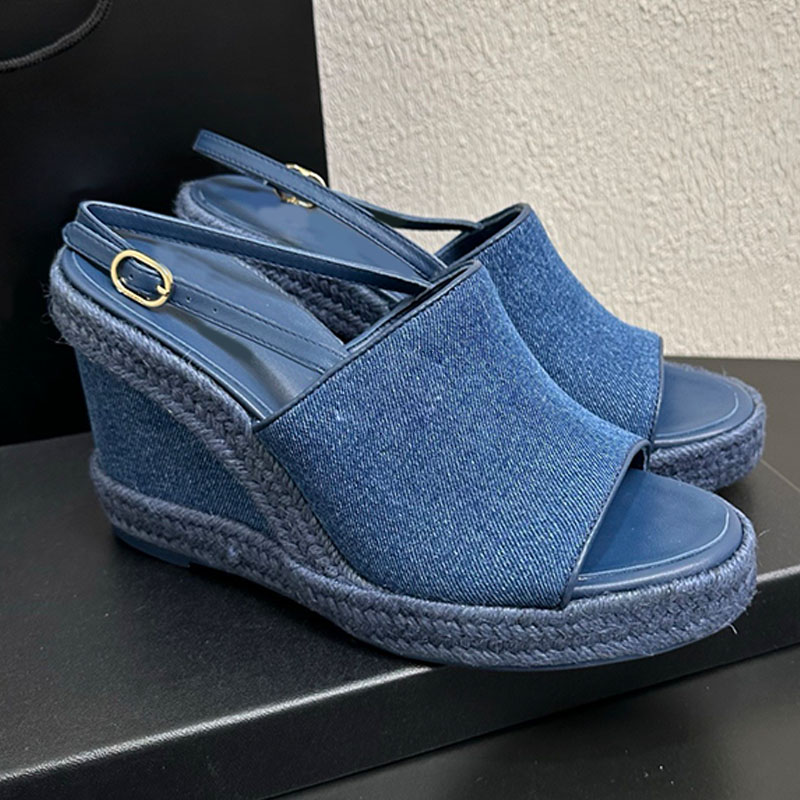Lady Chic lavé Denim tissu Espadrille sandales bout ouvert Slingback plate-forme chaussures à talons compensés boucle réglable tressé Jute garnit