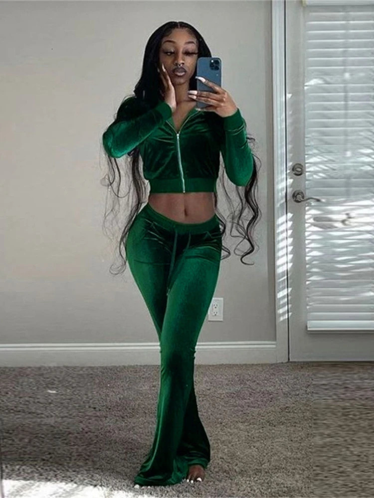 Kliou Solid Velour Two Piece Set Women Simple Casual Zipper Long Sleeve Turtleneck TopBandage Lace Slim Female Wide Leg Pants 260423banjia