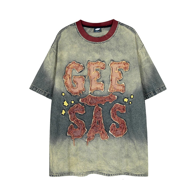 GXFortune Retro American Heavy Duty Patchwork Washed Gradient Denim Short Sleeve T-Shirt Loose Fit Unisex Trendy Tee 260423BJ
