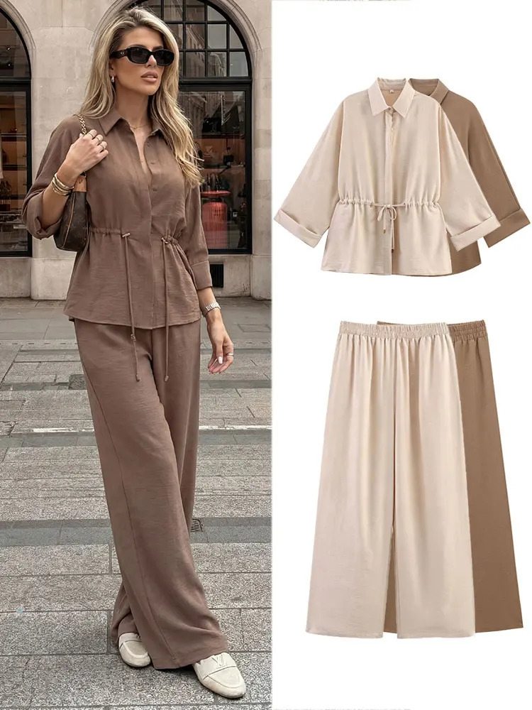 HH Women Fashion Pant Suit Lace Up Blouse Kimono Shirt Top Elastic Waist Wide Leg Pant Spring High Street Chic Sets 260423banjia