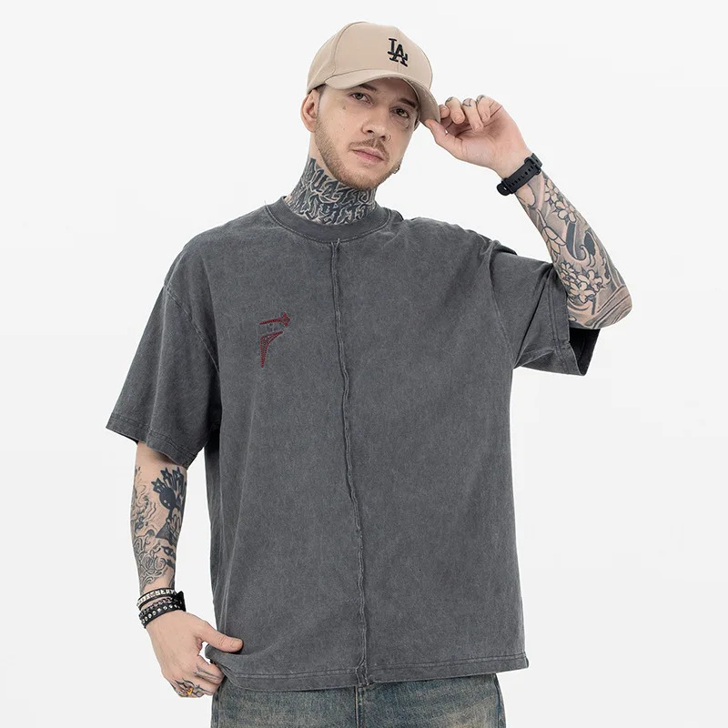Loose Fit Mens T-irt Embroidered Vintage Sle Patchwork ort Sve Urban Faion Cotton Casual Wear Summer Season 260423BJ