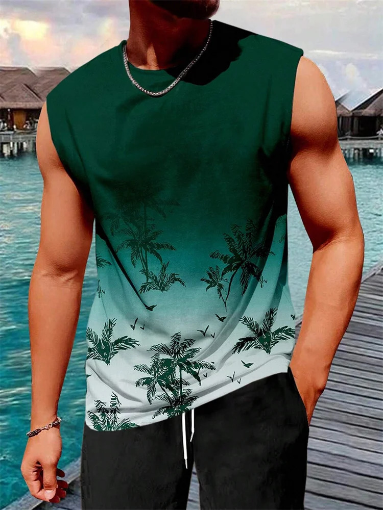 Stylish Mens Vacation Hawaiian Vest Gradient Coconut Print Casual Yacht Party Vest Plus Size Mens Resort Breathable TShirt Top 260423BANJIA