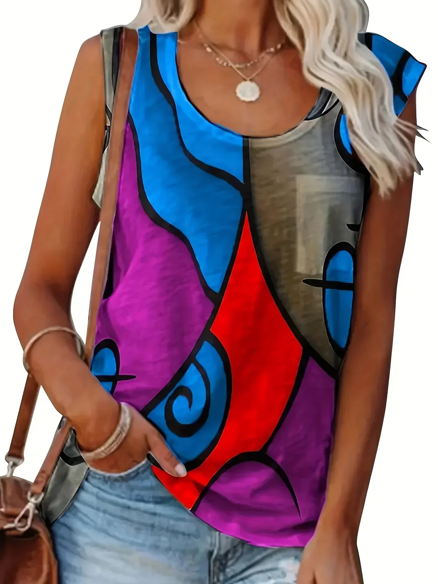 Plus Size 1XL8XL Womens Fashion Sleeveless Colorblock Print Tanks Ladies Casual Crew Neck Summer Vest Tank Top 260423banjia