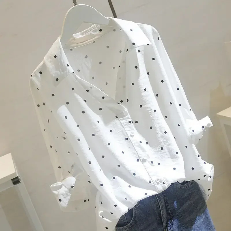 White Linen Blouse Shirt Fashion Women Tops and Blouses Fall Female Shirt Polka Dot OL Women Blusas 5XL 260423BANJIA