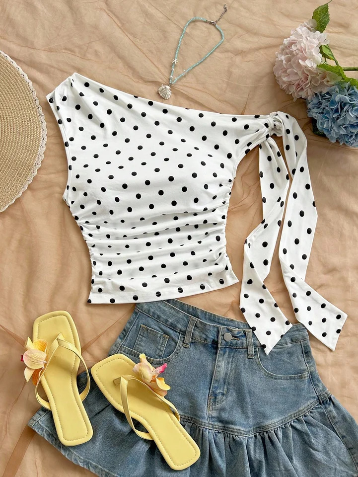Womens polka dot short top womens Y2K printed pleated asymmetrical shoulder 260423banjia
