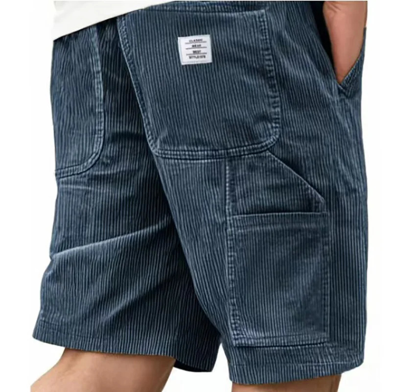 Mens Workwear Shorts Summer Casual Corduroy Loose Elastic Waist Multi-Pocket Leisure Pants Embroidery Retro Style Male Trousers 260422BJ