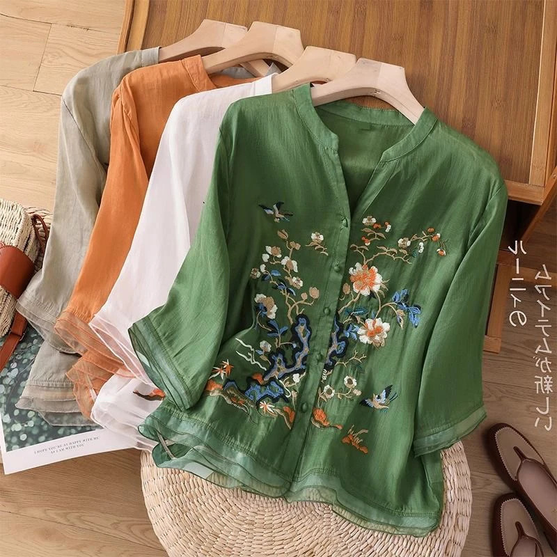 Large Size Mom Embroidered irt Womens Spring Cotton Linen irt High End f Sve Seven Sve Womens Top 260423BANJIA