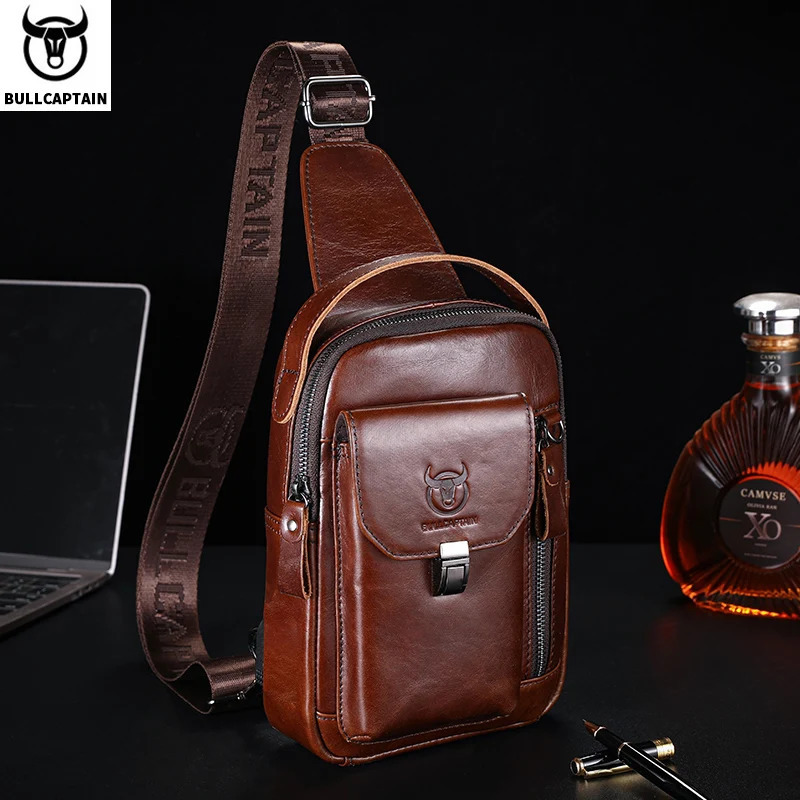 BULLCAPTAIN Mens Genuine Leather Chest Bag Casual Retro 79inch Mobile Phone Multifunctional AntiTheft Crossbody 260423BJ