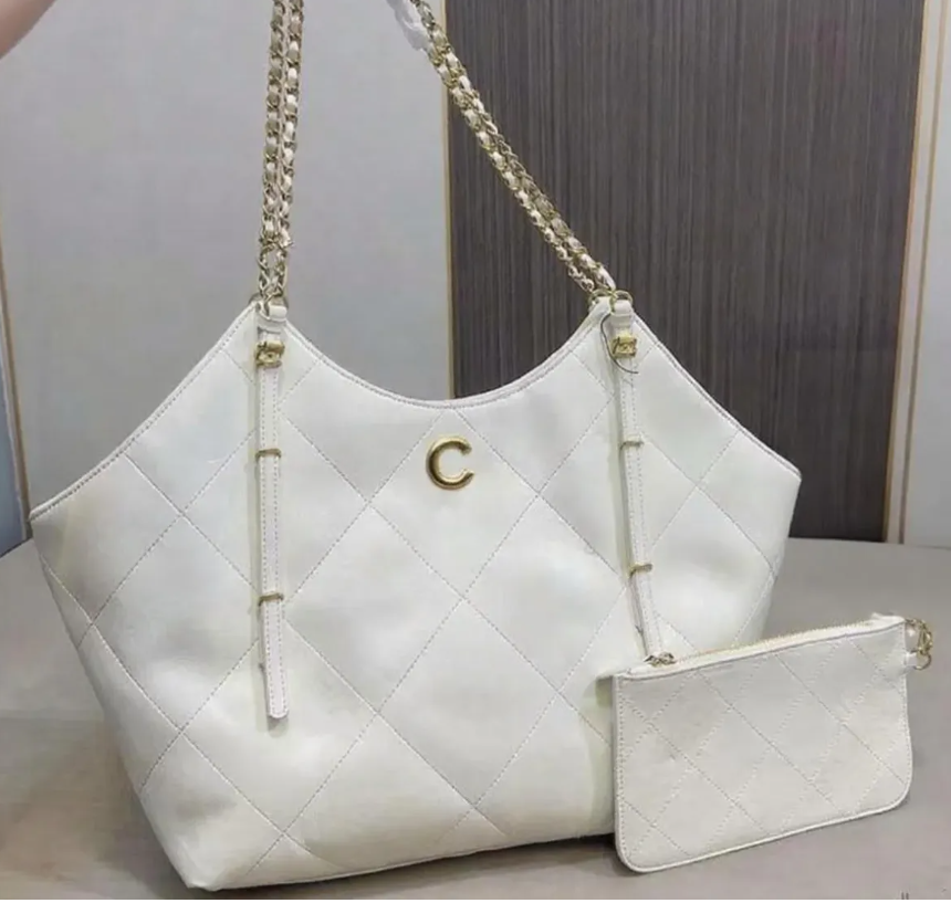 Women's Quilted Tote Bag with Chain Strap & Matching Pouch Large Capacity Shoulder Handbag Casual Chic for Shopping Daily Party Travel