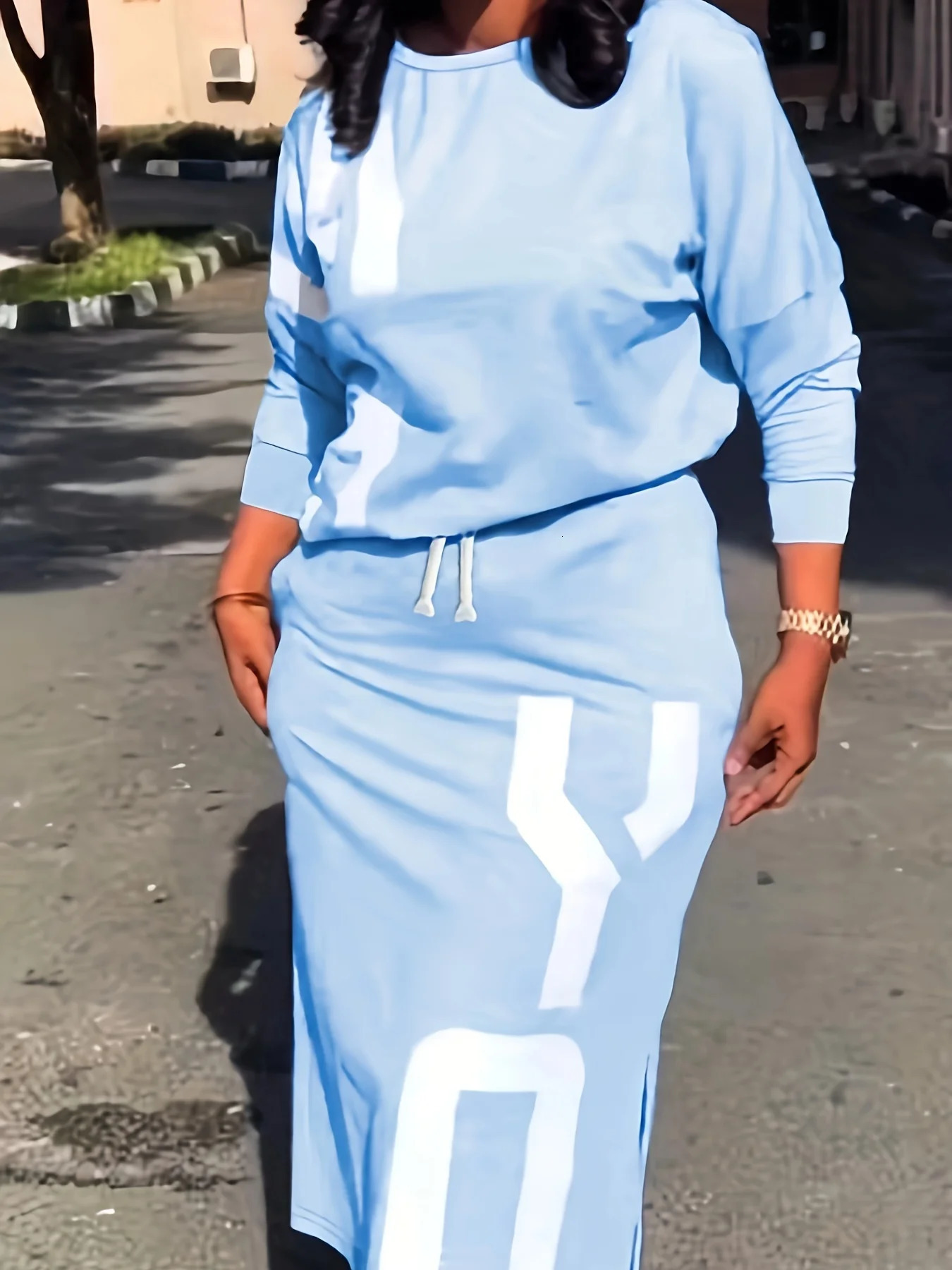 Plus size womens spring summer letterprinted round neck short longsleeved top and hipcovering slit skirt sporty fashion set 260423banjia
