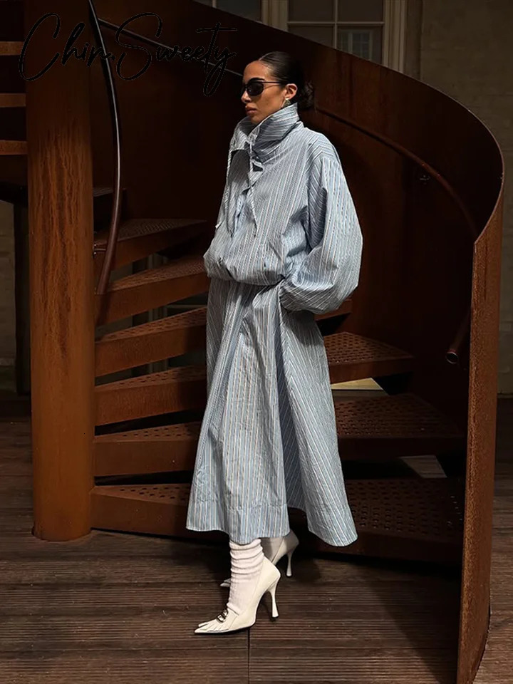 Chic Striped Womens Jacket Skirts Suit Stand Collar Drawstring ALine Lady Set 2026 Spring Summer 2 Piece 260423banjia