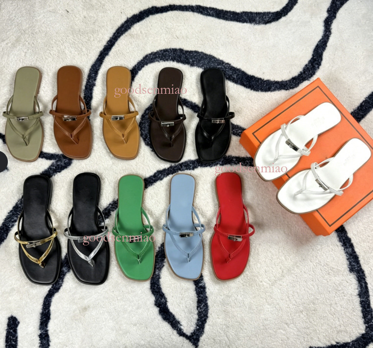 2026 Styles New Women's Metal Buckle Flip Flops Genuine Leather Breathable Slip-On Slippers, Versatile Soft Sole Casual Beach Flat Sandals with
