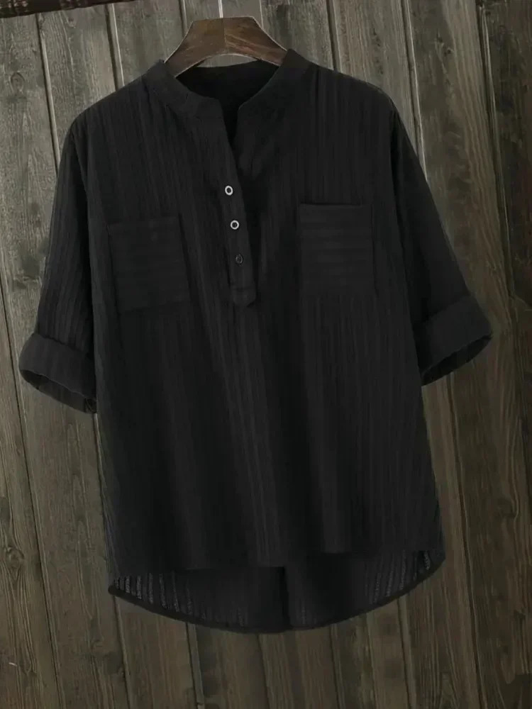 Plus Size Womens Shirts 2025 Korean Style Loose Cotton Blouse clothing Casual Mujer Office Long Sleeve Vertical Vneck Tops 260423BANJIA