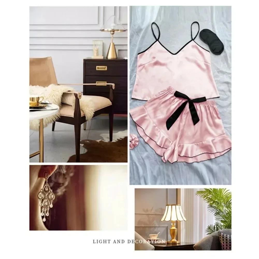 Womens Smooth Satin Pajamas VNeck Top Ruffled Edges and Bow Shorts Simple and Breathable Pajama Set Sling Home Clothing 260423banjia
