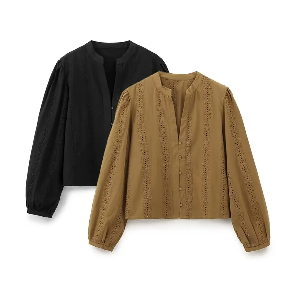 Womens Autumn Retro Versatile Casual Round Neck Embroidered Hollow Cotton Long Sleeved Lapel Casual Shirt Top 260423BANJIA