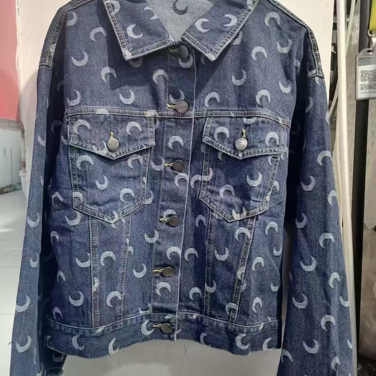 Women's Short Denim Jacket for Spring & Autumn, Fashionable Moon Print, Versatile Slim Fit Jacket Top