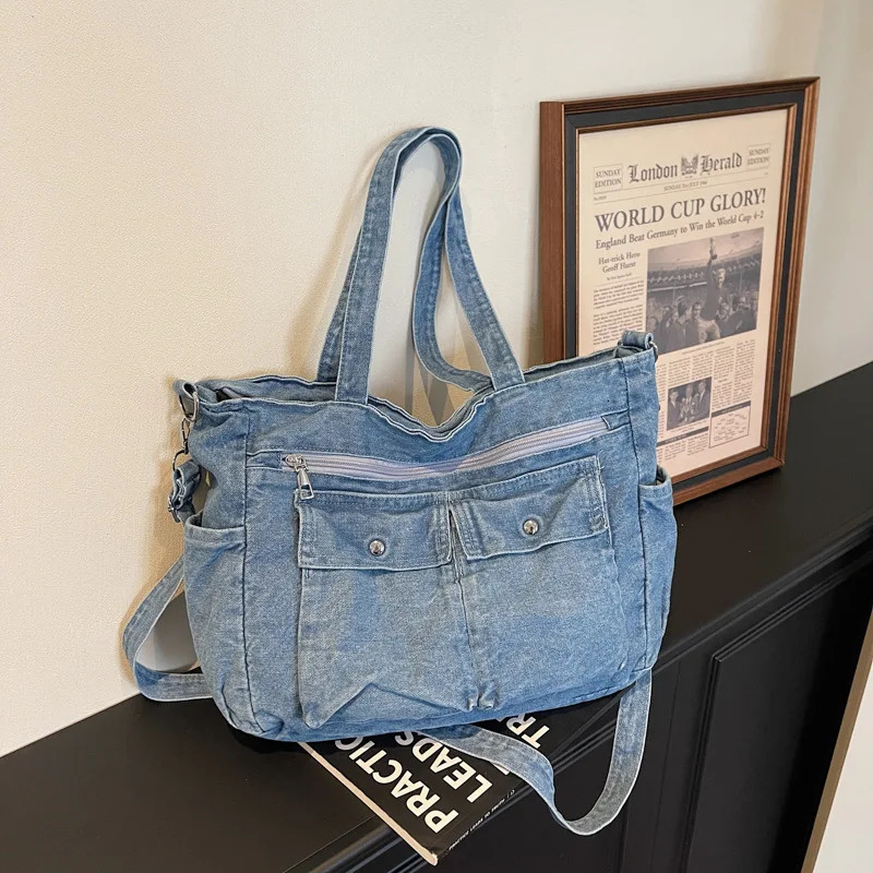 Vintage Harajuku Style Women Denim Shoulder Bags Large Capacity MultiPocket Ladies Crossbody Bag Casual Textured Handbag Tote 260423banjia