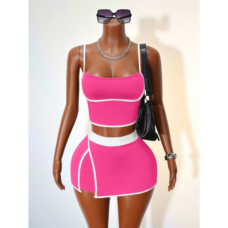 Tracksuits 2026 New Color blocked Sports Casual Tank Top And Bodycon Skirt Two piece Set Womens Fashion