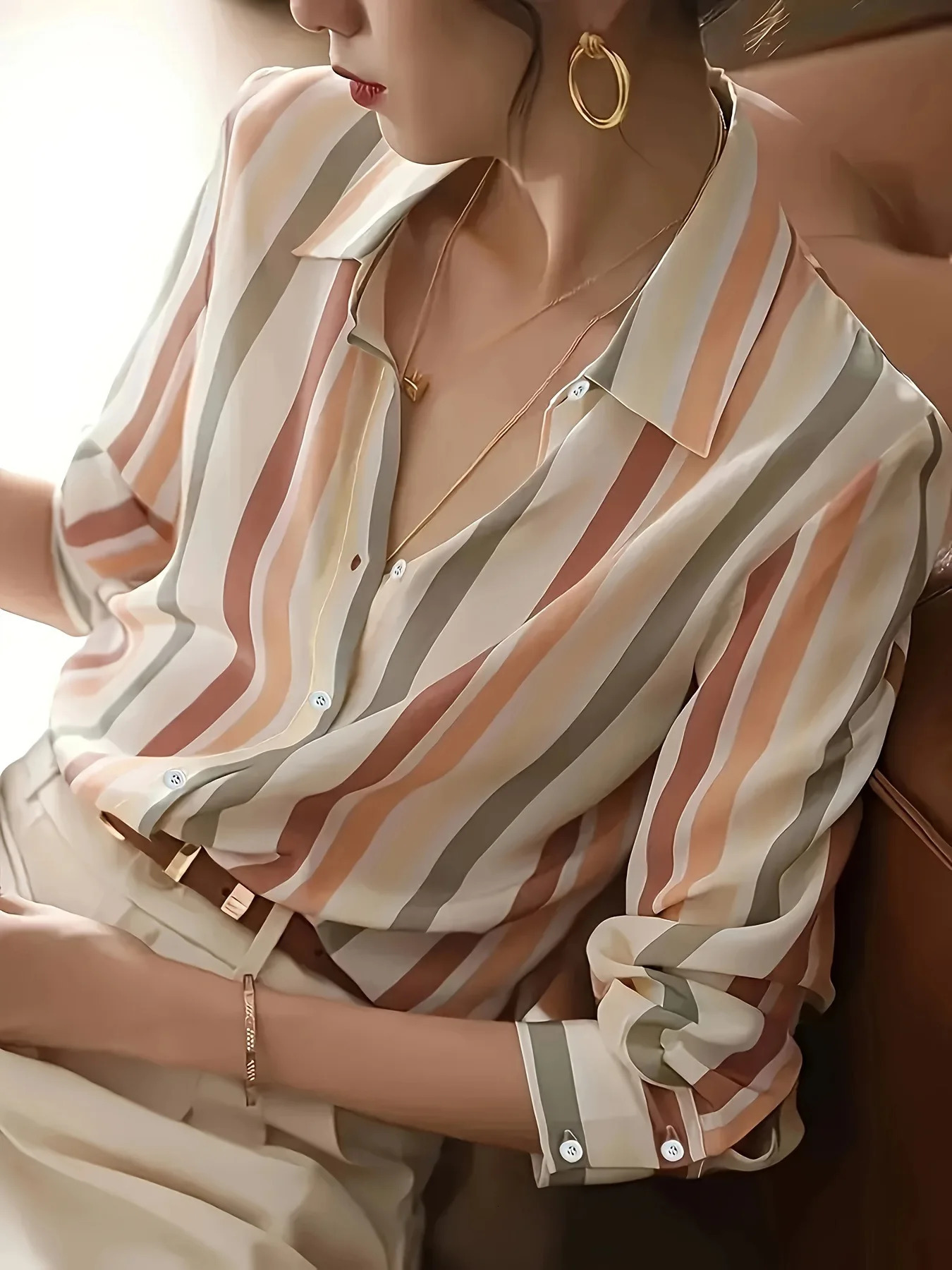 Stripe Women Shirt Satin Vintage Shirt for Women 2025 Autumn Clothes Korean Fashion Shirts and Blouses Basic Elegant Womens Tops 260423banjia