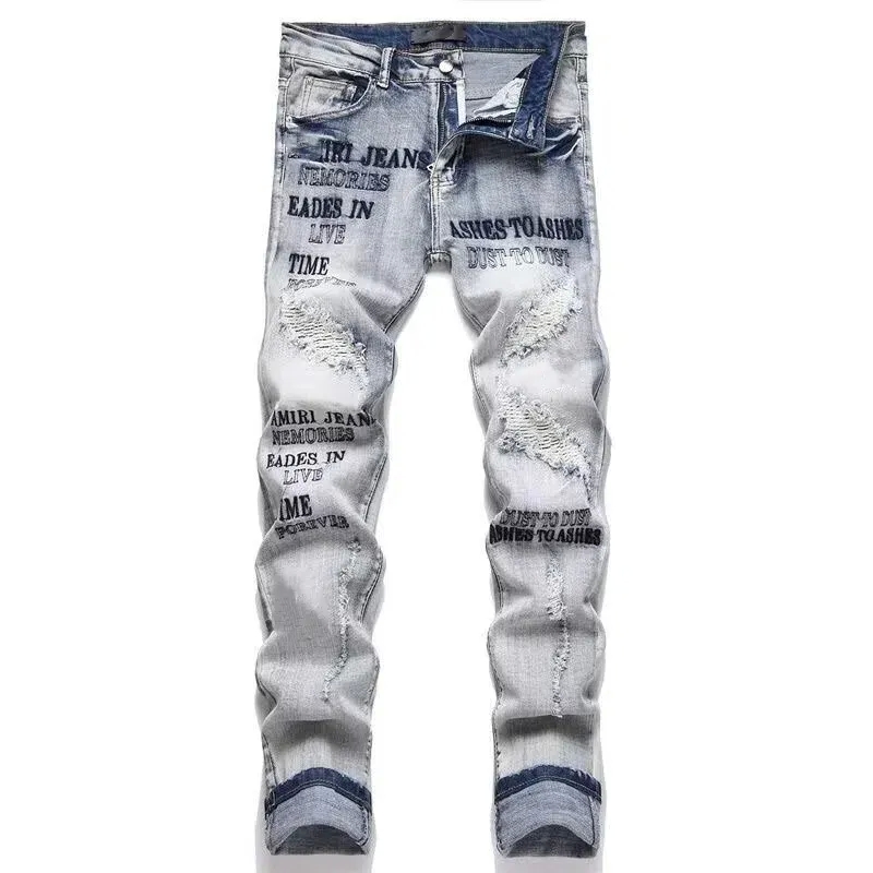 Amrirjeans Designer Denim Pants For Mens Luxury Brand Retro Style Water Washed Streetwear High Quality Oversize Jean Trousers Tight Fit Ripped AM Je