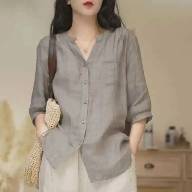 Summer 2024 Womens Cotton Linen irt Loose Fit Casual Thin Sle VNe Button up Versatile Slimming Top Trendy Commute Wear 260423BANJIA
