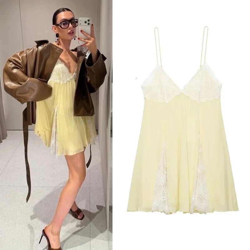 Womens Dress 2026 Fashion Spring Summer Yellow Lace Patchwork Short Dress for Women Sexy Chic Spaghetti Strap Dress 260424