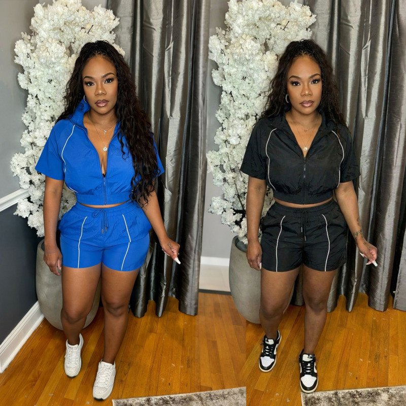 Womens Tracksuits Two Pieces Set Fashion Woven Top With Contrasting Color Lines And Wide leg Elasticated Sports Shorts