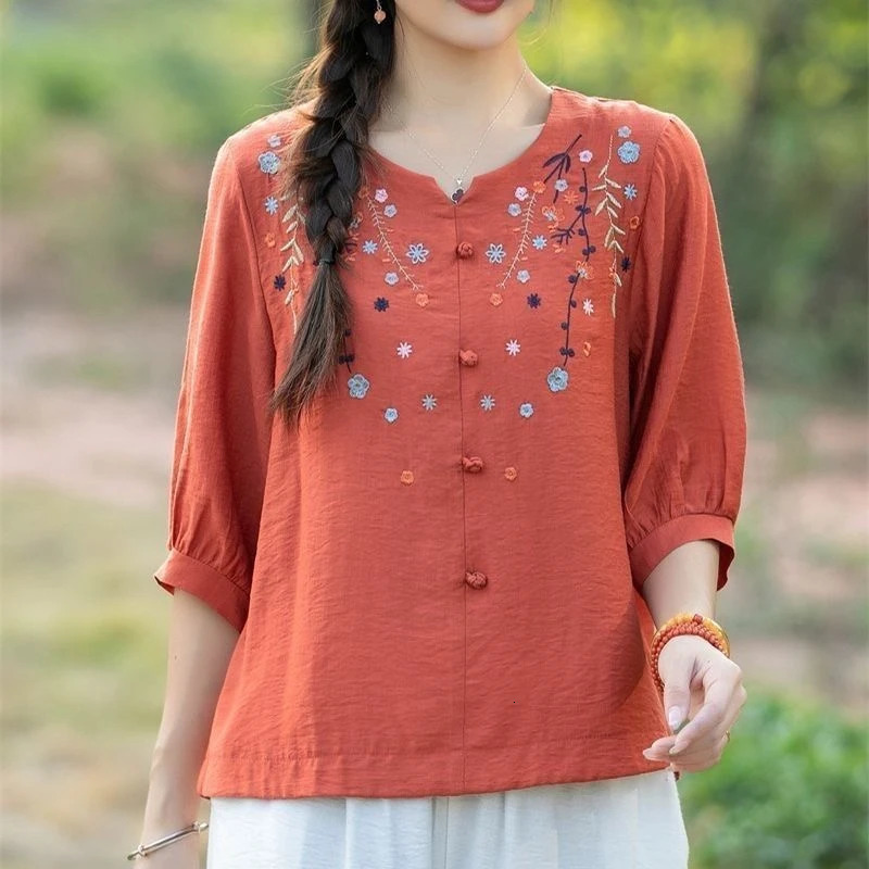 Cotton and Linen Shortsleeved Round Neck Shirt Women in Summer Retro Literary Loose Versatile Agereducing embroidery Top 260423BANJIA