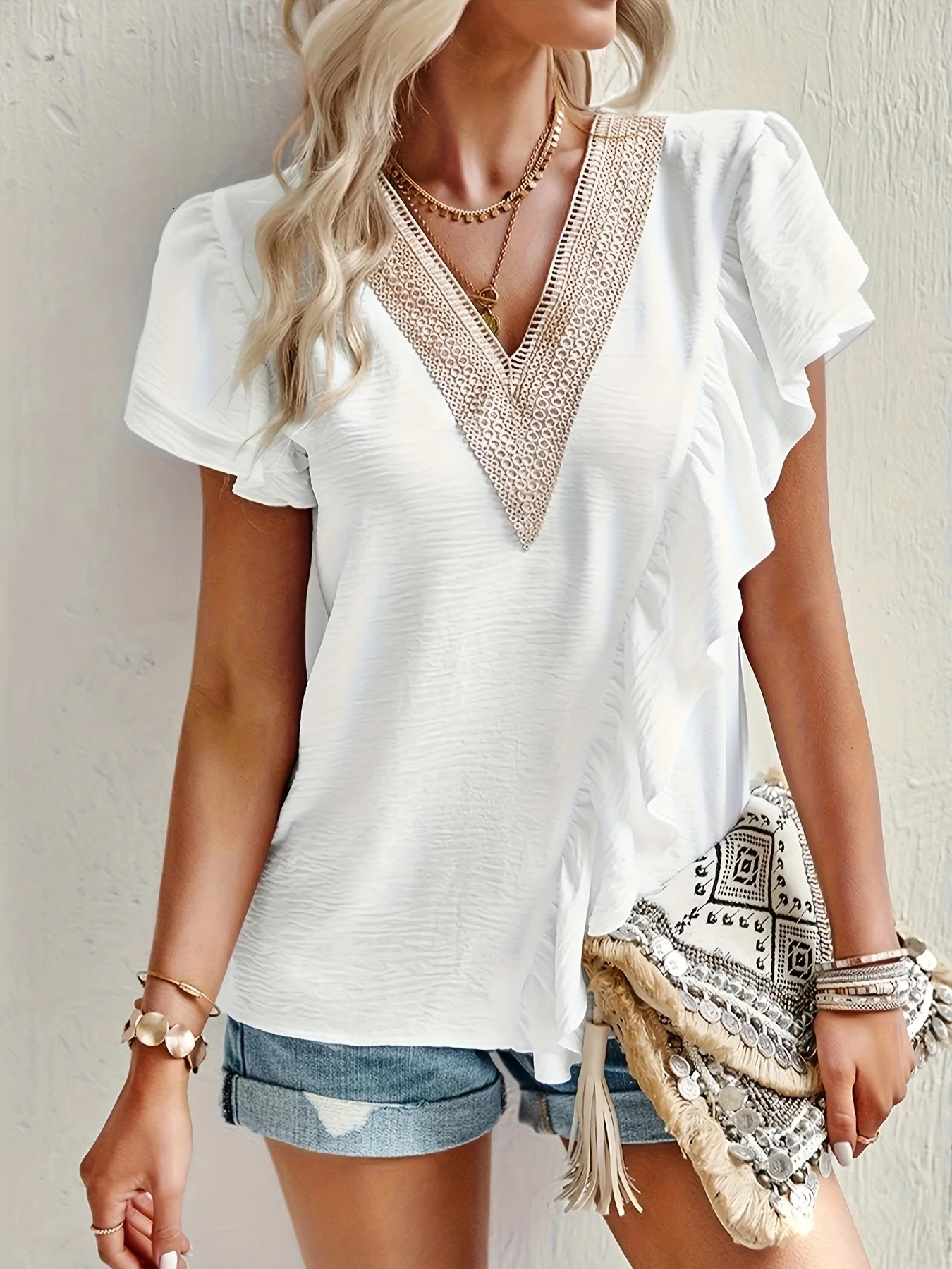 White Womens plus size shirt summer chic elegant shirt casual womens fashionable shirt White 260423BANJIA