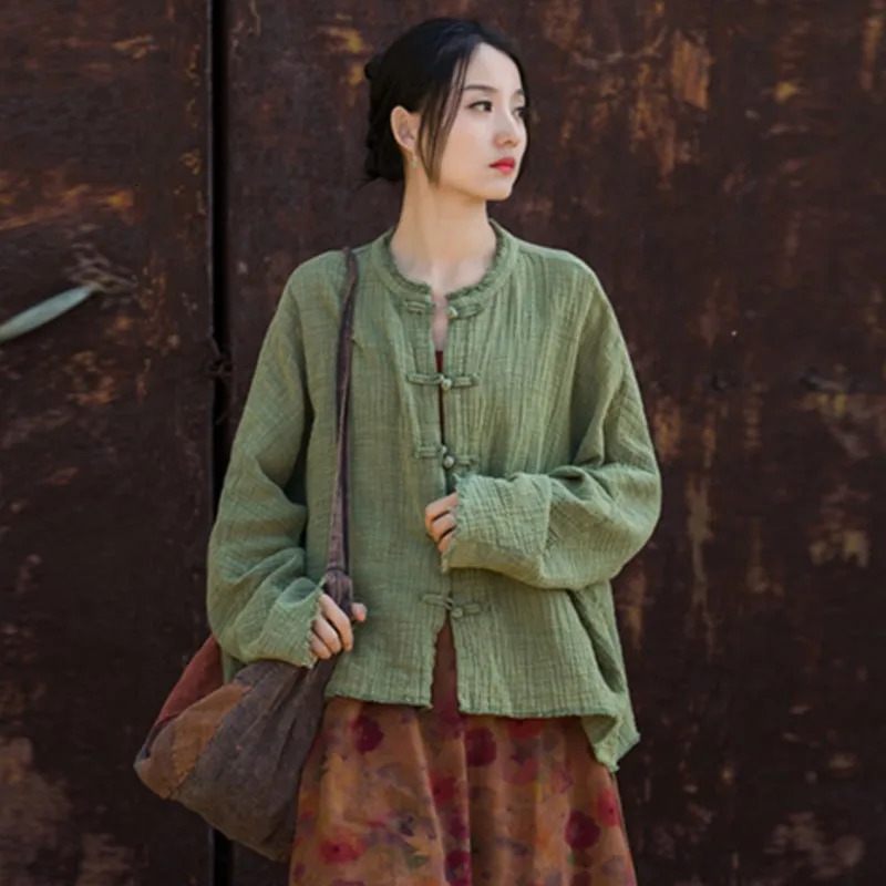 Johnature Women Chinese Style Shirts Solid Color Long Sleeve Button Loose 2025 Autumn Vintage Cotton Linen Women Shirts Tops 260423BANJIA