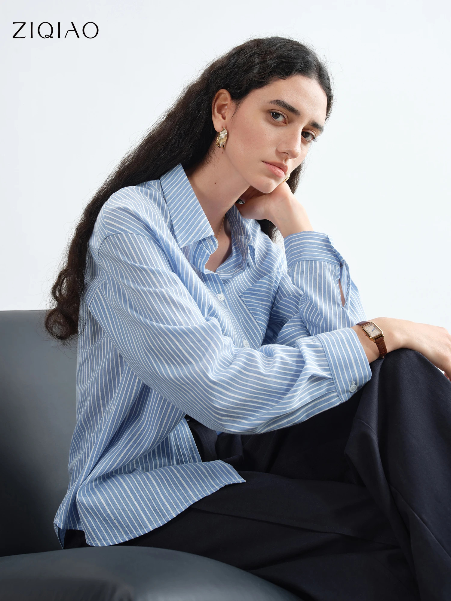 ZIQIAO Blue Academic Stripe Womens Long Sleeve Retro Checked Shirt 2025 Autumn Arrival Women Shirts Without Shawl 25ZQ92311 260423BANJIA