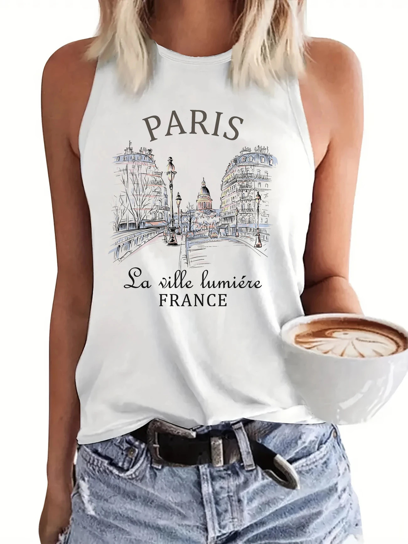 Paris n Tshirt Printed Vest Graphic Print Tank Top Womens Sleeveless Crew Neck Casual for Summer Spring 260423banjia