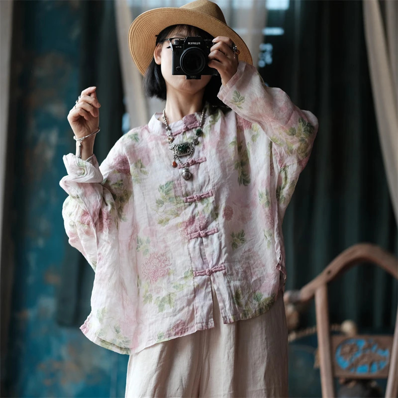 Chinese Style Women Long Sleeve Ramie Shirt Arrival 2025 Spring Vintage Floral Print Loose Female Casual Tops Shirts M768 260423BANJIA