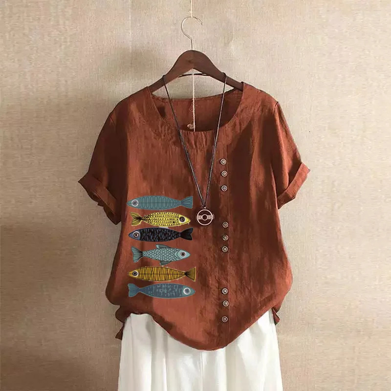 Women Cotton Linen Blouse Shirts Summer ONeck Short Sleeve Vintage Floral Print Loose Tops WYLPAL620409060860 260423BANJIA