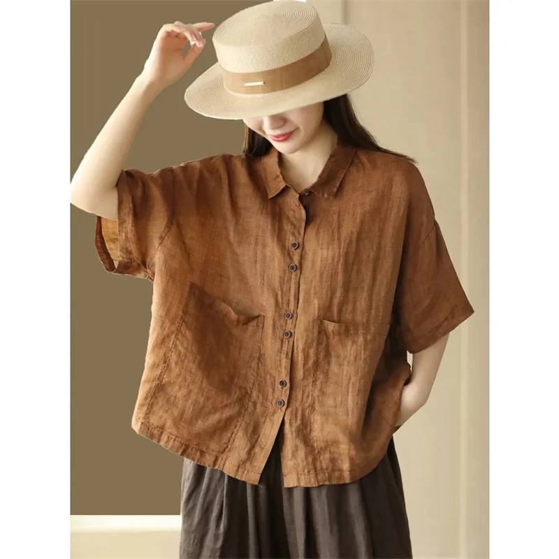 Womens Blouse 2025 Spring Summer Solid Color Loose Cotton and Linen Ladies Tops Temperament Flax Breathable Lady Casual Shirt 260423BANJIA