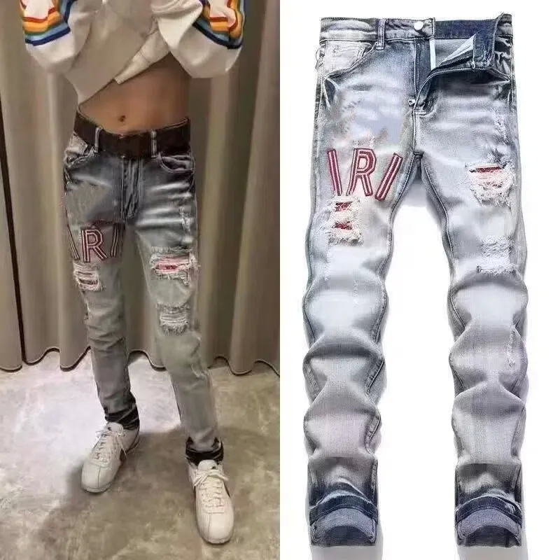 Amrirjeans Designer Denim Pants For Mens Luxury Brand Retro Style Water Washed Streetwear High Quality Oversize Jean Trousers Tight Fit Ripped AM Je