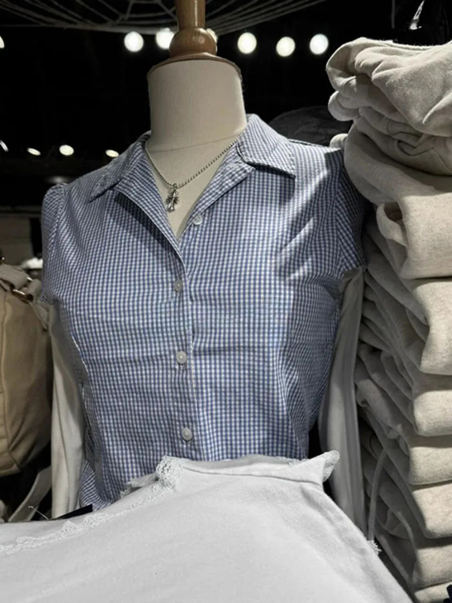 Blue Plaid Slim Short Sleeve Blouses Women Summer Turndown Collar Single Breasted Blouse Preppy Style Vintage Casual Shirts 260423banjia