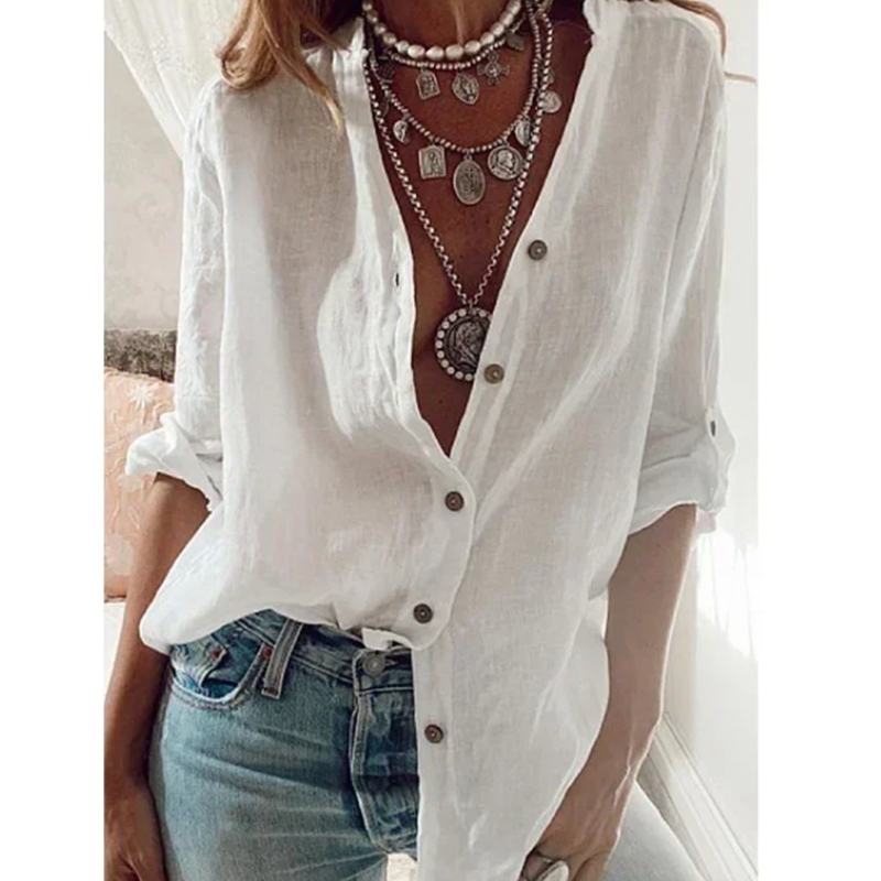 Summer Autumn Womens Cotton Linen Shirt Fashion Solid Color Casual Loose Button VNeck Long Sleeve Top Commuter Wear y260423BANJIA