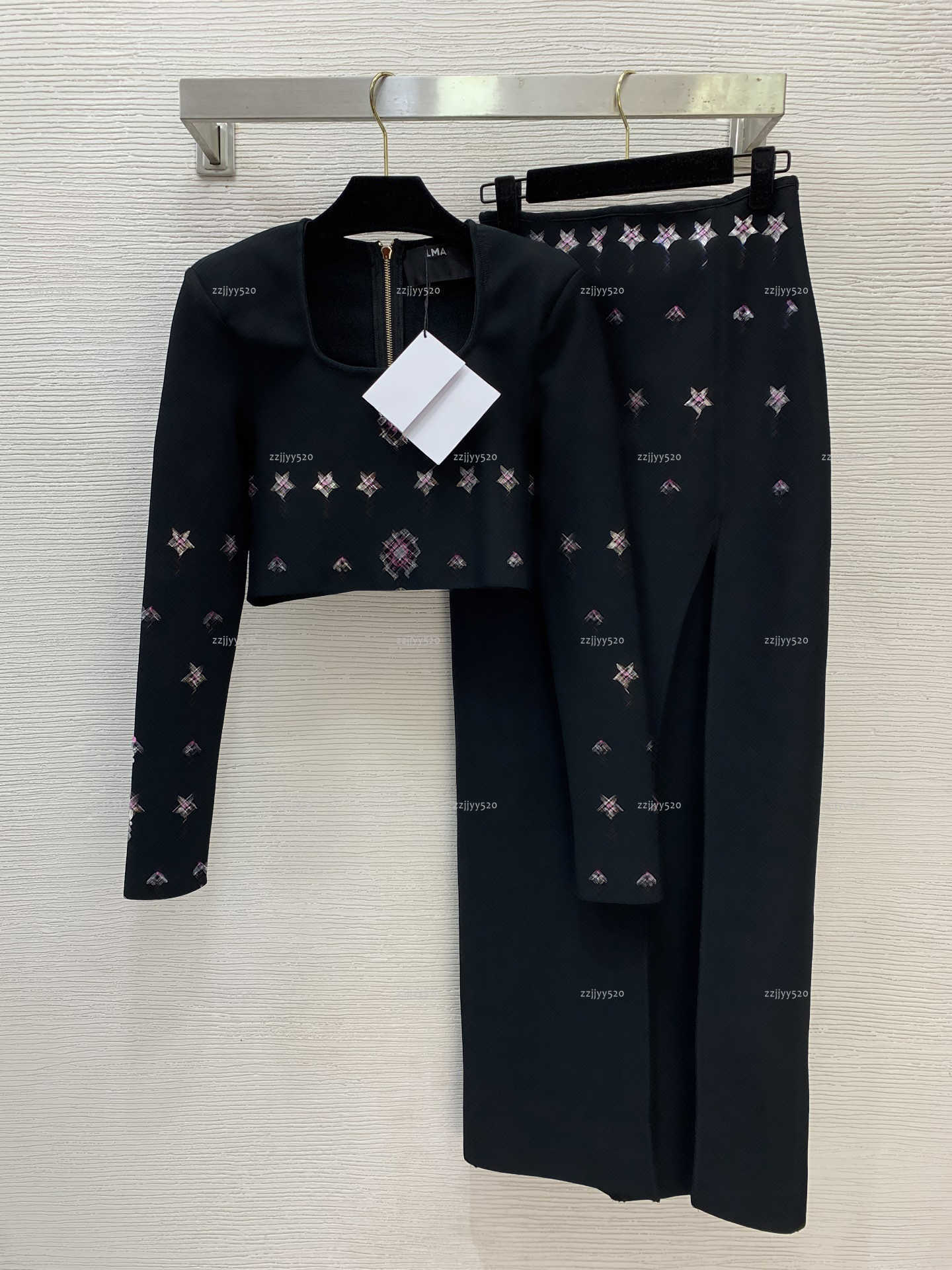 Brand U collar women dress set Summer lady dresses women designer clothes Short long sleeved top+Sexy high slit hip hugging long skirt A973X16N25-image-1103412170