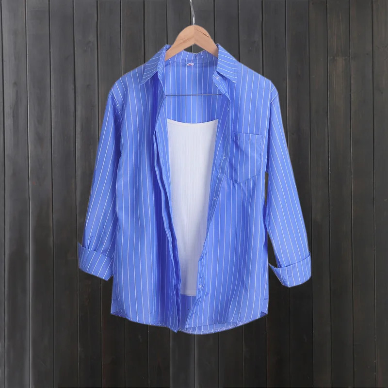 Summer Blue Striped Shirt for Womens Suit with Longsleeved Shirt for Outer Layered Midlength Top 260423banjia