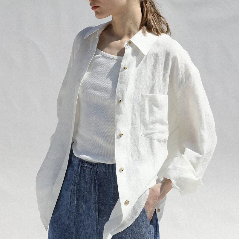 Casual 100 Linen Women Shirt Oversized Turn Down Collar Long Sleeve Elegant And Vintage WomenS Blouses Blusa Feminina 260423BANJIA