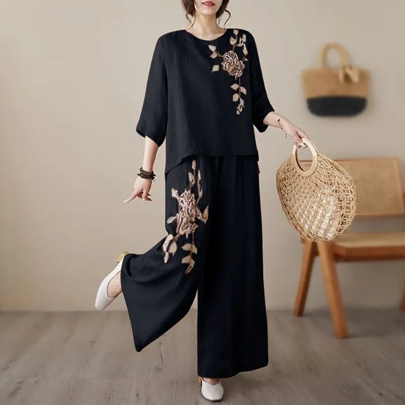 Spring and Summer Romantic Black Burgundy Exquisite Flower Embroidered Womens Plus Size Cotton Linen Suit 260423banjia